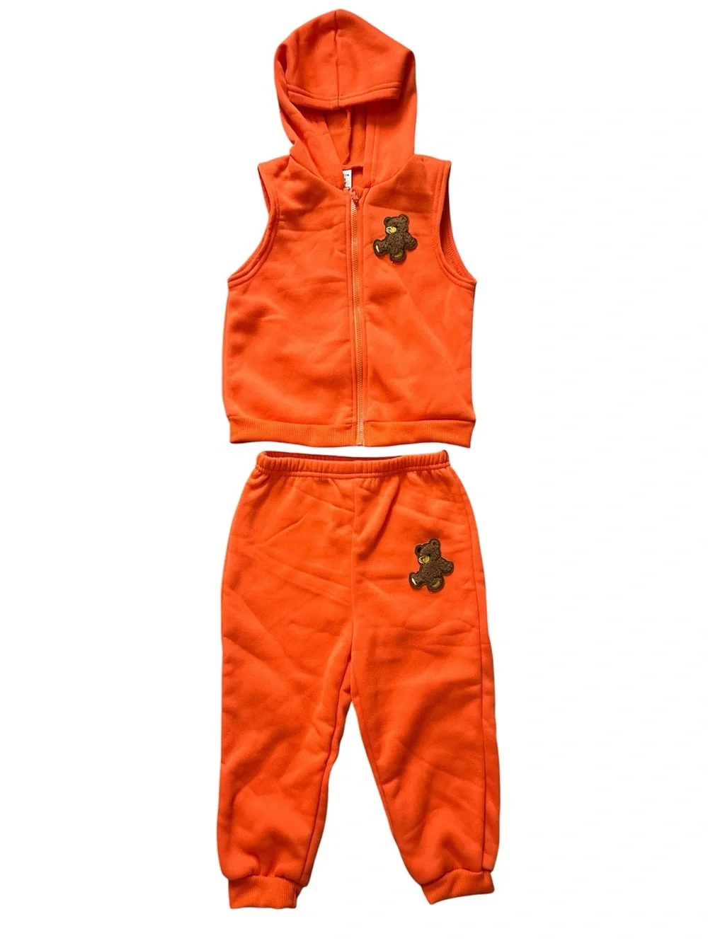 Kids Orange Fleece Hoodie Vest + Jogger Set with Teddy Patch, Size 2-3Y